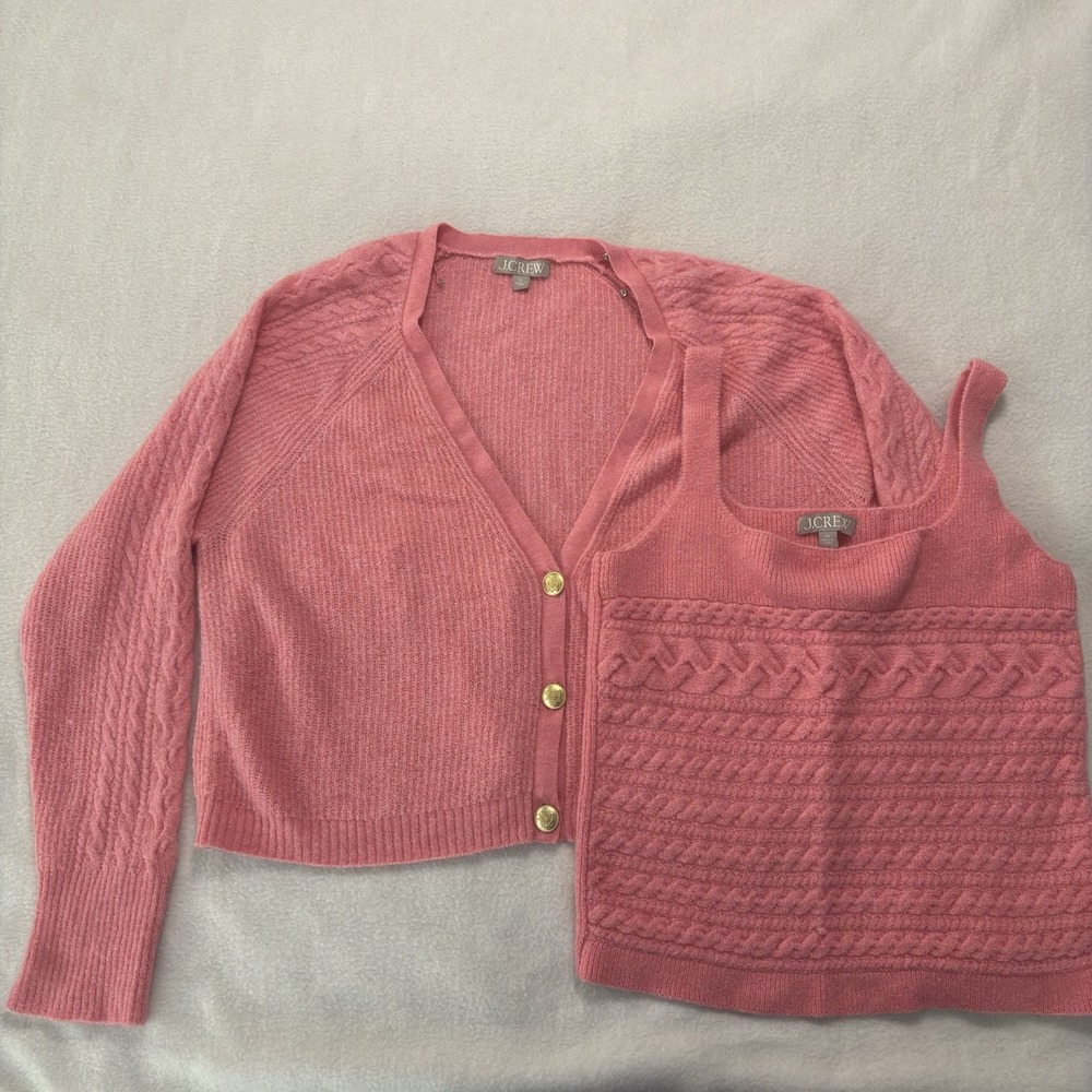 J. Crew Sweater & Tank Cropped Set Women's XL Pink Cable Knit Sorbet Gold Button